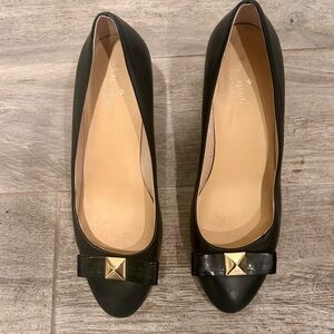 Kate Spade Black wedge Heels with‎ Gold bow Accent